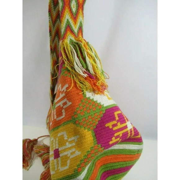 Wayúu Mochila Bag Purse Floral Woven Orange Pink Bucket Shoulder Straps Colombia - Picture 6 of 9